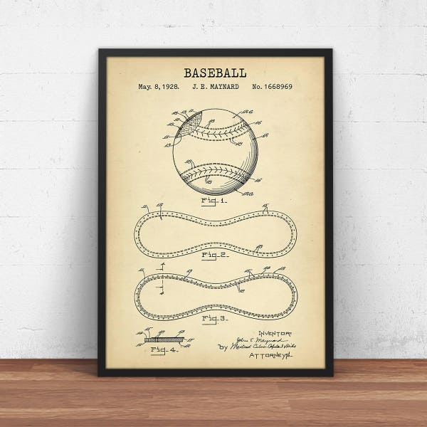 Baseball Patent Prints, Ball Blueprint,  Baseball Gifts, Mancave Wall Art, Baseball Poster Art Sports Room Decor MLB League