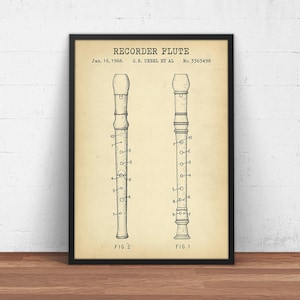 Recorder Flute 1968 Patent Print,  Flute Blueprint, Music Decor Wall Art, Flutist Music Teacher Musician Flute Player Gifts