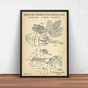 Beer Brewing Art, Cropping Hops - 1/3 Patent Print,  Beer Making Wall Art, Humulus lupulus, Beer Gift, Bar Decor, Posters