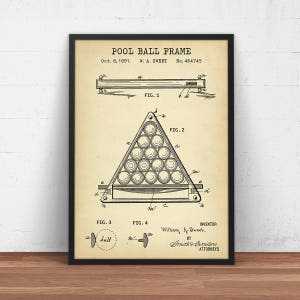 Impresión de patente de bola de billar, arte de plano de marco de bola de piscina, decoración de sala de billar, arte de pared de sala de juegos, carteles de salón de billar