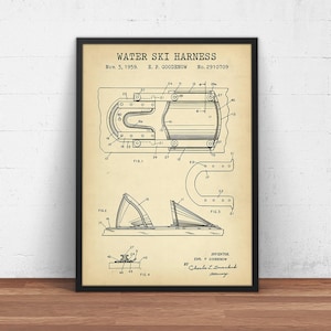 Water Ski Harness Blueprint Art, Patent Prints  Water Ski Board Poster, Water Sports Wall Art, Beach House Decor, Vintage
