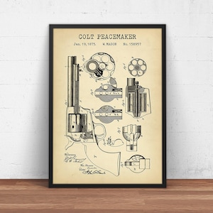Könnte beinhalten: Eine Vintage-Schwarzweißillustration einer Colt Peacemaker Patentzeichnung. Die Zeichnung zeigt die Waffe im Detail, mit verschiedenen beschrifteten Teilen. Der Text auf der Zeichnung lautet "Colt Peacemaker", "Jan. 19, 1875", "W. Mason" und "No. 158957".