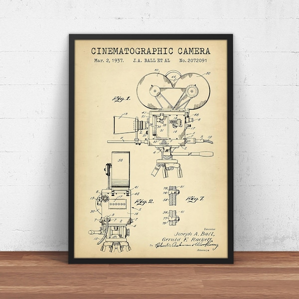 Movie Camera Patent Print, 1937 Cinematography Camera Blueprint Art,  Cinema Poster, Director Gifts, Home Theater Decor