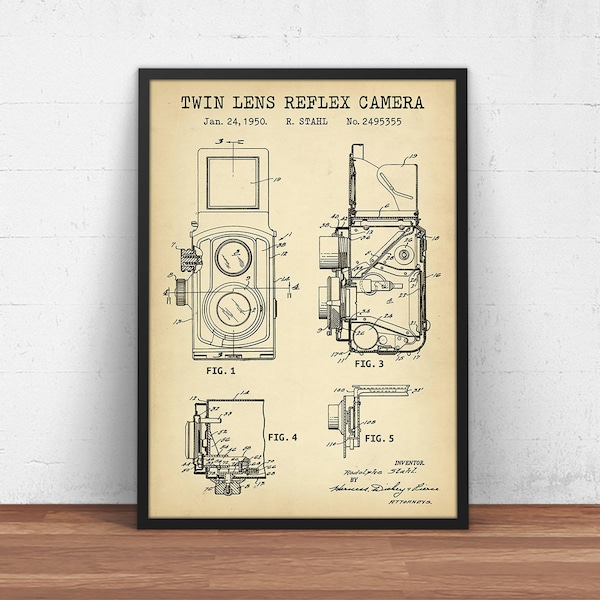 Impresión de patente de cámara, arte de plano de cámara réflex de doble lente de 1950, regalos de fotógrafo, decoración de estudio, póster de arte de pared vintage