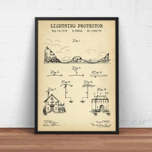 May include: Black and white vintage patent drawing for a lightning protector, invented by Nikola Tesla on May 14, 1918. The patent number is 1266175. The drawing shows different views of the invention, including a tower with a lightning rod and a house with a lightning protection system.