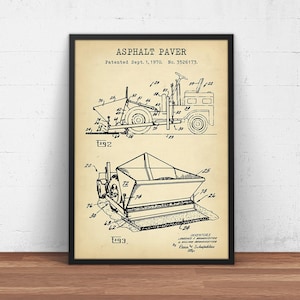 May include: Black and white line drawing of a patent for an asphalt paver. The patent is dated September 1, 1970 and the patent number is 3526173. The drawing shows a side view of the paver, with a hopper and a conveyor belt. The drawing also shows a close-up of the paver's wheels and the asphalt being laid down.