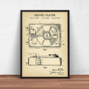 Record Player Patent Print,  Record Player Blueprint, Vintage Turntable, Home Theater Decor, Music Buff Media Room Wall Art