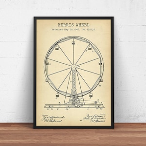 Ferris Wheel Patent Print, Roundabout Blueprint Art, Carnival Ride, Amusement Park, Kids Room Wall Art Decor, Ferris Wheel Poster Print
