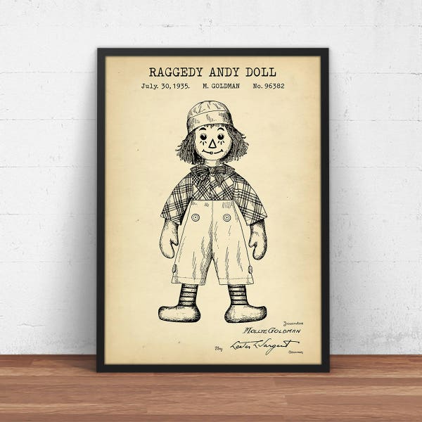 Raggedy Andy Doll Patent,  Vintage Doll Blueprint, Kids Room Decor, Gift Idea, Raggedy Ann and Andy Dolls Design Poster