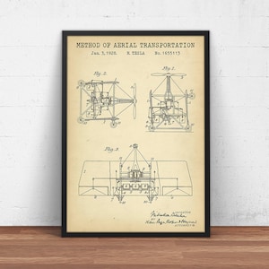 Método de transporte aéreo, impresiones de patentes de Nikola Tesla, arte de planos científicos, impresiones escolares, proyecto científico, obras de arte de pizarra