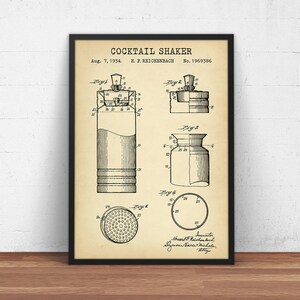 Cocktailshaker patentposter, blauwdruk cocktailprint, restaurant keuken bar pub decor alcohol shaker sterke drank posters