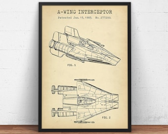 A Wing Fighter, Star Wars Patent Prints,  Boys Room Decor, Star Wars Gift for Kids, Sci-Fi decor, Movie Wall Art, Print