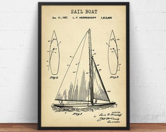 Sail Boat Patent Print,  Nautical decor, Boat Blueprint, Sailing Boating Gifts, Seaside Beach Art, Water Sports Wall Art