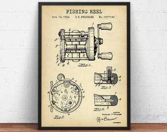 May include: A black and white vintage patent drawing of a fishing reel. The drawing shows the reel in detail, with labels for each part. The patent number is 1977142 and the date is October 16, 1934. The inventor is Charles T. Pflueger.