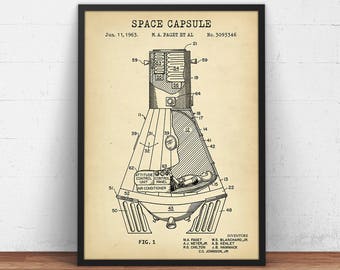 Space Capsule 1963 Patent Print,  Space Print, NASA Poster, Space Nursery Decor, Spaceship, Astronaut Gifts, Technology Art