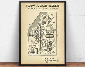 Motion Picture Machine, Patent Art Print,  Vintage Movie Projector Blueprint, Cinema Poster Prints, Home Theater Decor