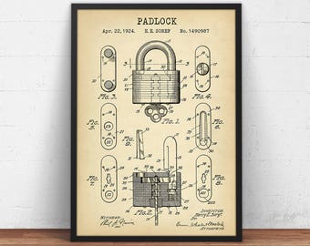 Padlock 1924 Patent Print,  Master Lock, Padlock Blueprint, Locksmith Gift, Home Decor, Office Wall Art, Key Lock Poster
