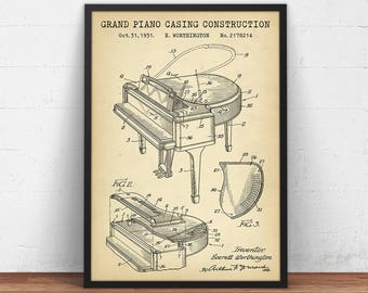 Grand Piano Casing Construction Patent Print,  Pianist Musician Wall Art Orchestra Grand Piano Music Room Decor Piano Gifts