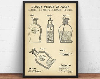 Liquor Bottle Patent Print,  Whiskey Poster, Bar Decor, Vodka Whisky Liquor Hip Flask Bottle Art, Alcohol Gifts, Wall Art
