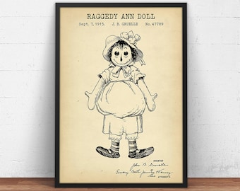 RAGGEDY ANN（American Dolls）壁掛け Raggedy Ann Doll Patent, Vintage Doll Blueprint, Kids Room Decor