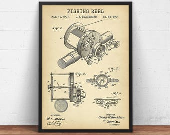 Fishing Reel Patent Art,  Fishing Poster Prints, Fishing Hobby, Fisherman Gifts, Man Cave Decor, Lake House Wall Art