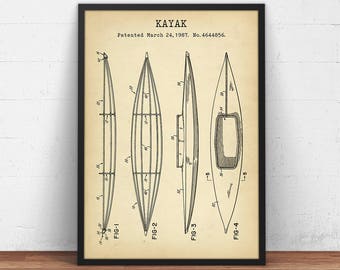 Lámina de patente de kayak, arte náutico, arte de planos de kayak, regalos para kayakistas, decoración playera, arte mural de deportes acuáticos y kayak