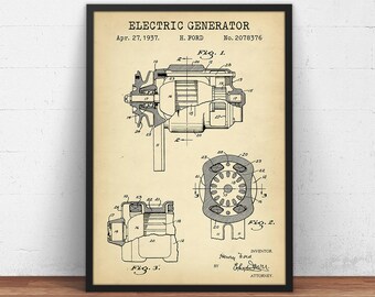 Impresión de patente de generador eléctrico de 1937, plano de invención de Ford, póster científico, regalos para estudiantes, decoración eléctrica, arte mural para ingenieros eléctricos