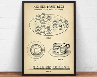 Mad Tea Party Ride, Disneyland Amusement Ride Patent Print, Disney World Blueprint Poster Print, Children Gifts, Disney Wall Art Decor
