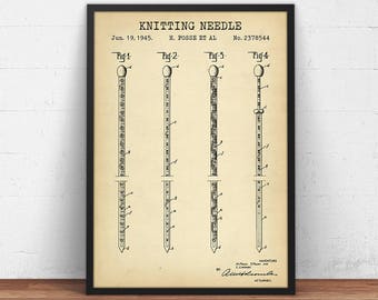 Stricknadel-Patentzeichnung von 1945, Blaupausenkunst, Nähzimmerdekoration, Geschenk für Stricker, Strickposter, Strickwandbild, Nähen, Garn