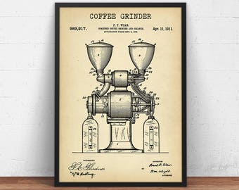 Coffee Grinder Patent Print,  Coffee Poster Print, Kitchen Wall Art, Vintage Coffee Grinder Blueprint Art, Coffee Lover