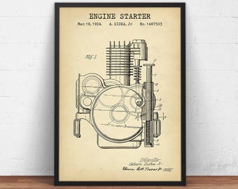 Engine Starter Patent Print, Motorcycle Art, Motorcycle Enthusiast Gift, Man Cave Wall Art, Motorcycle Poster, Motorbike Parts, Engine Art