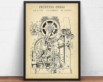 Printing Press 1914 Patent Print,  Office Wall Art, Steampunk Art, Printing House Decor, Writers Journalist Gifts, Printer