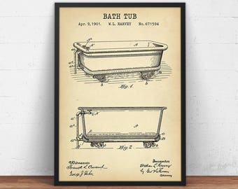 May include: A vintage patent drawing for a bath tub, dated April 9, 1901, with the title "BATH TUB" and the inventor's name "W.L. HARVEY". The patent number is 671594. The drawing shows a side view of the tub with wheels and a drain.