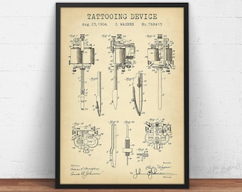 Tattooing Device 1904 Patent Print,  Tattoo Shop Decor, Tattoo Artist Gifts, Tattoo Poster Print, Tattoo Ink, Body Art