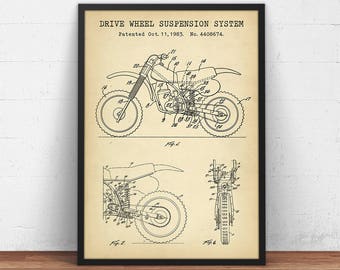 Sports Bike Patent Print, Drive Wheel Suspension System, Motorcycle Wall Art, Motorcycle Blueprint Art, Boys Room Decor, Man Cave Wall Art