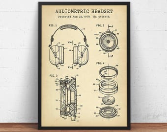 Headphone Patent Artwork, Audio Headset Blueprint, Headphones Poster Print, Home Theater Decor Music Wall Art, Music Gifts Patent Prints