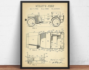 Willys Jeep 1942 Patent Print,  Jeep Blueprint Art, Automobile Prints, Garage Wall Art, Man Cave Decor, Army Vehicle Poster