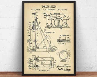 Drum Set Patent Print,  Music Bar Decor, Music Poster Print, Drummer Wall Art, Musician Gifts, Music Teacher, Big Band
