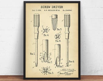 Screw Driver 1936 Patent Print,  Phillips Head Screw Driver Blueprint Art, Hand Tool Wall Art Poster, Man Cave Decor, Gifts