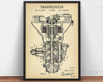 Ford Transmission Patent Print,  Transmission Blueprint Art, Henry Ford Invention Decor, Garage Wall Art, Automobile Prints
