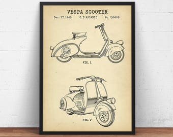 Vespa Scooter 1949 Patent Print,  Vespa 125cc Scooter Blueprint, Motorbike Wall Art, Garage Decor, Vintage Scooter Picture