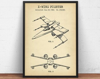 Star Wars Patent Prints, X Wing Fighter Blueprint Art,  Boys Room Decor, Star Wars Fighter Poster Print, Fan Gift