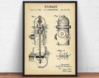 Fire Hydrant Patent Print, Firefighter Print, Fireman Art, Firefighter Poster, Firefighter Decor, Vintage Patent Print, Firefighter Gift