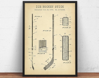 Impresión de patente de palo de hockey, regalos de hockey sobre hielo, decoración de la sala de hockey, jugador de hockey, cartel de hockey sobre hielo de la NHL, arte de la pared de la cueva del hombre