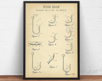 Fish Hook Patent Print,  Vintage Illustration, Fisherman Gifts, Cabin Decor, Boat House Wall Art, Lake House Poster