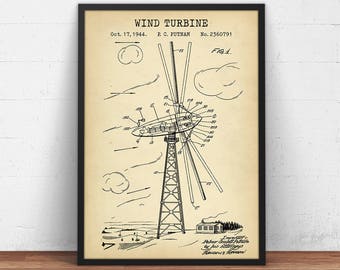 Wind Turbine Patent Print,  Wind Turbine Poster Print, Blueprint Art, Electricity, Green Energy, Renewable Energy
