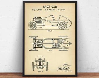 Race Car Patent Poster,  Auto Blueprint Art, Harry Miller Indianapolis Racing Car Poster, Automobile Print, Garage Decor
