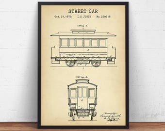 Street Car Patent Print,  Street Car Blueprint Art, Vintage Tram print, Trolley Print, Railway Wall Art Transportation