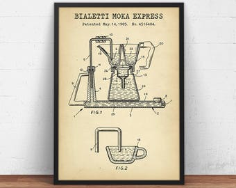 Bialetti Moka Pot Patent Poster,  Moka Express Blueprint, Coffee Print, Kitchen Wall Decor, Coffee Art, Espresso Cafe