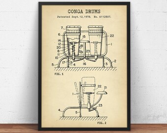 Conga Drum Patent Print,  Musician Gift, Percussion, Music Decor, Music Room Wall Art Conga Drum Blueprint Poster Print